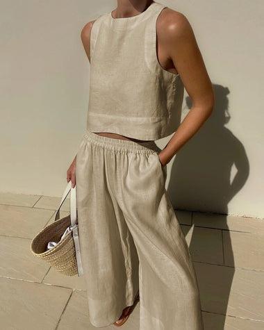 Loose Solid Color Sleeveless Shirt And Trousers Two-piece Set - Nioor