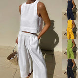 Loose Solid Color Sleeveless Shirt And Trousers Two-piece Set - Nioor