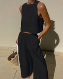 Loose Solid Color Sleeveless Shirt And Trousers Two-piece Set - Nioor