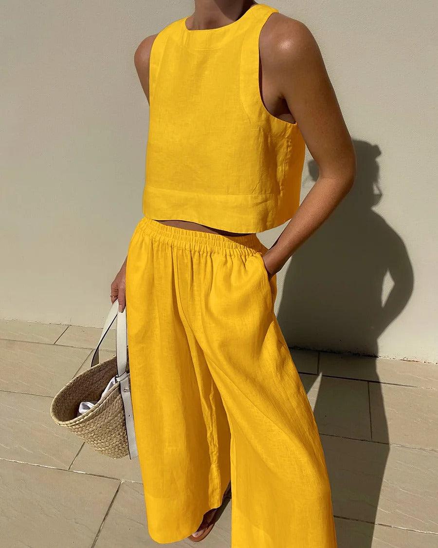 Loose Solid Color Sleeveless Shirt And Trousers Two-piece Set - Nioor