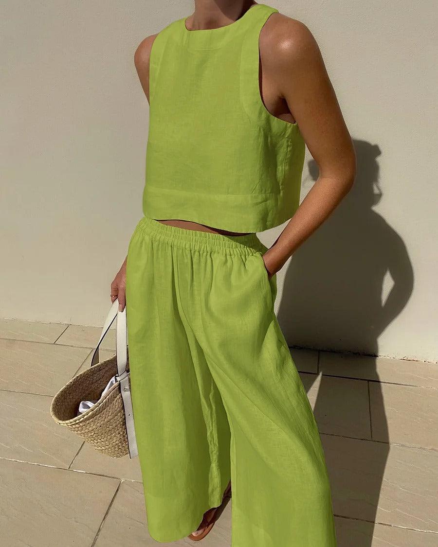 Loose Solid Color Sleeveless Shirt And Trousers Two-piece Set - Nioor