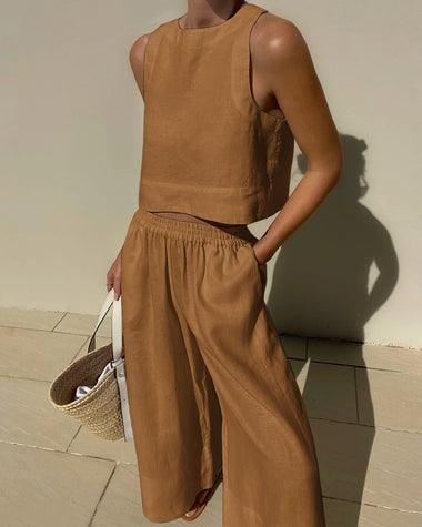 Loose Solid Color Sleeveless Shirt And Trousers Two-piece Set - Nioor