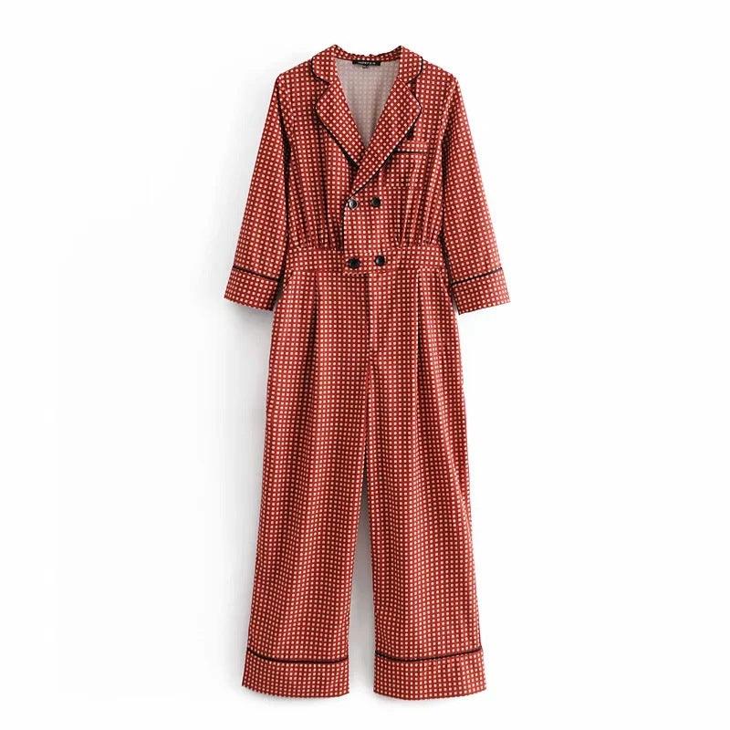 Loose Western Style Double-breasted Fashion Printed Jumpsuit Women - Nioor