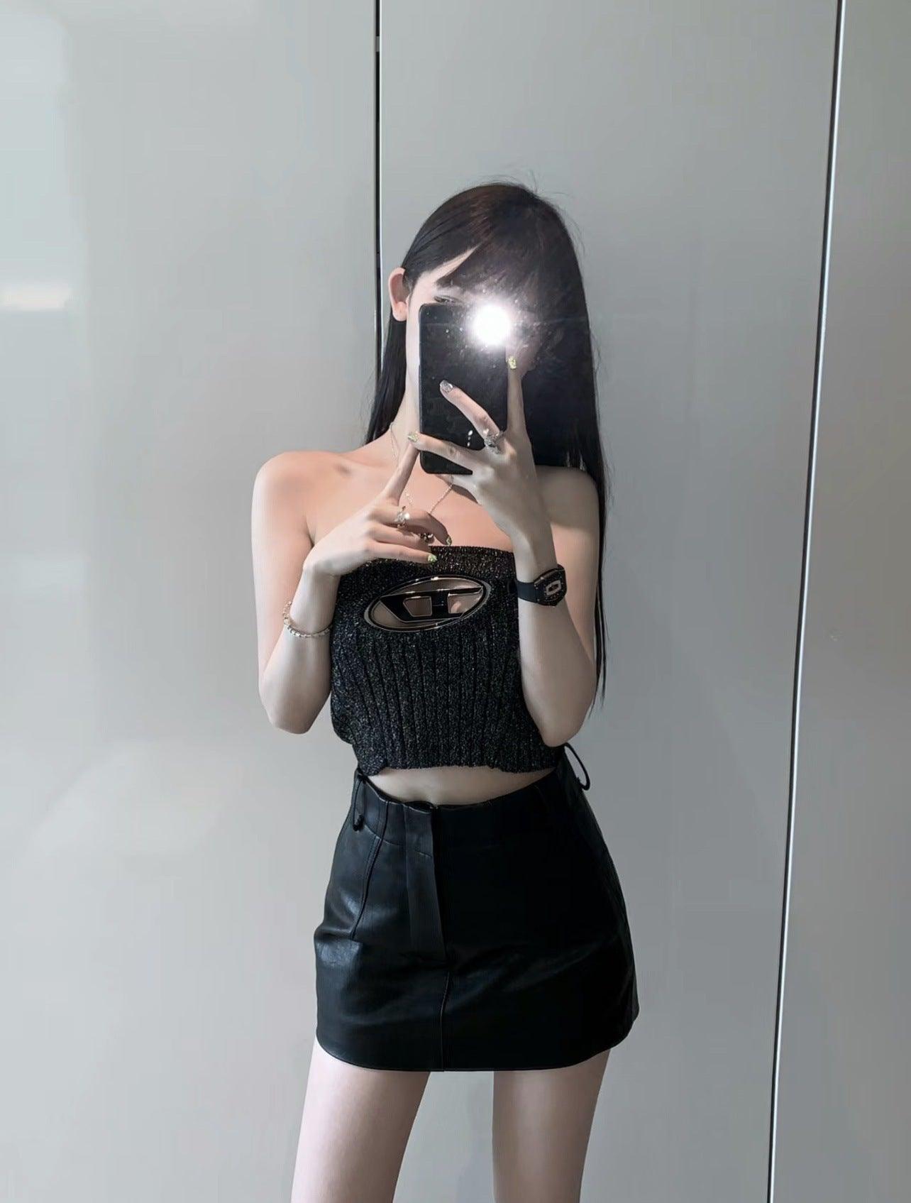 Metal Hollow Iron Knitted Black Tube Top Vest Slim Outer Wear Design Sense Female Summer - Nioor