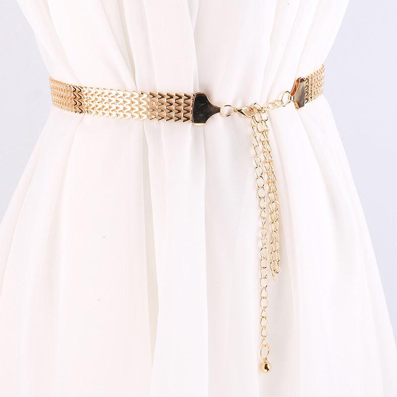 Metal Wave Pattern Woven Belt Women's Waist Chain Simple Dress Belt - Nioor