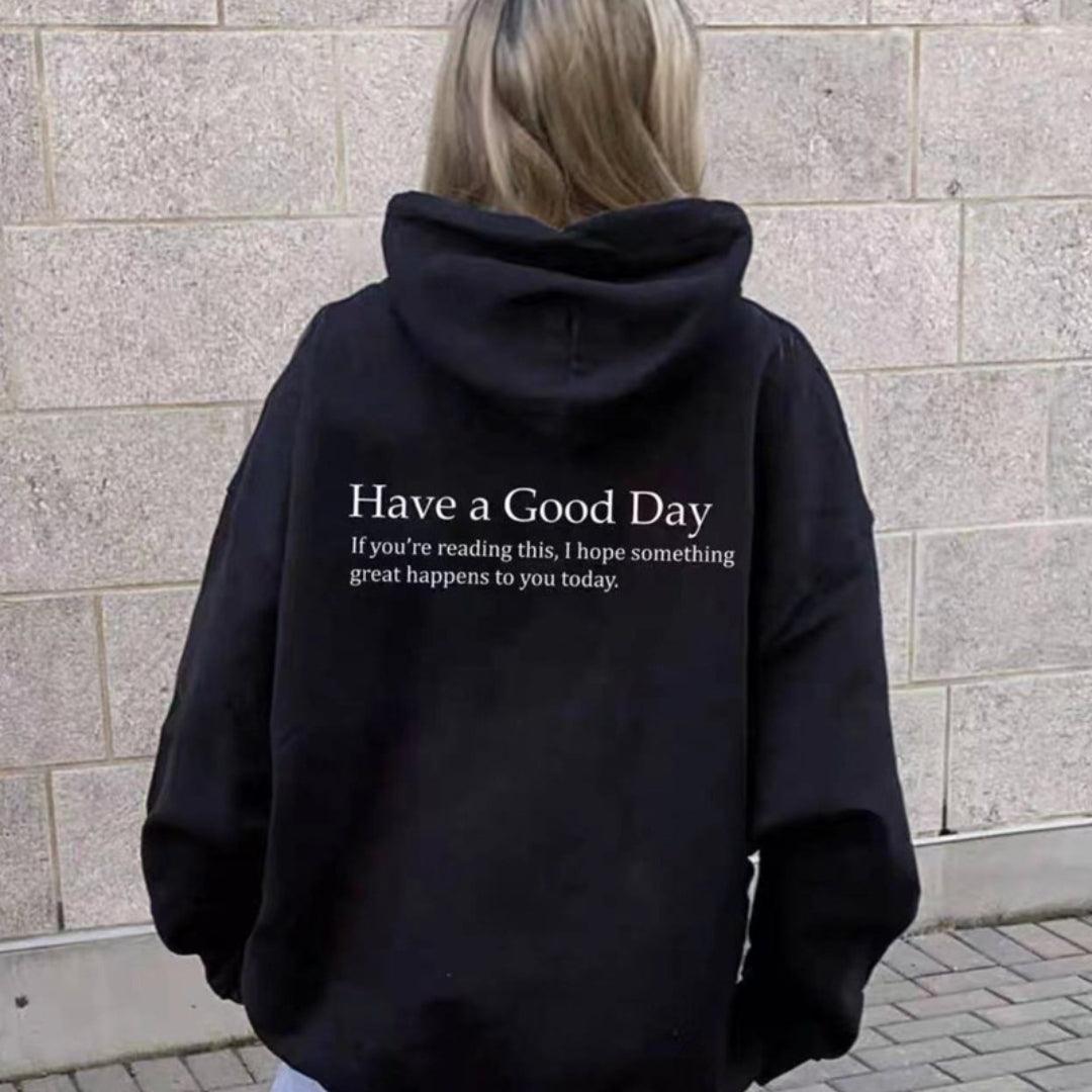 Minimalist Have A Good Day Printed Back Casual Hooded Pocket Sweater - Nioor