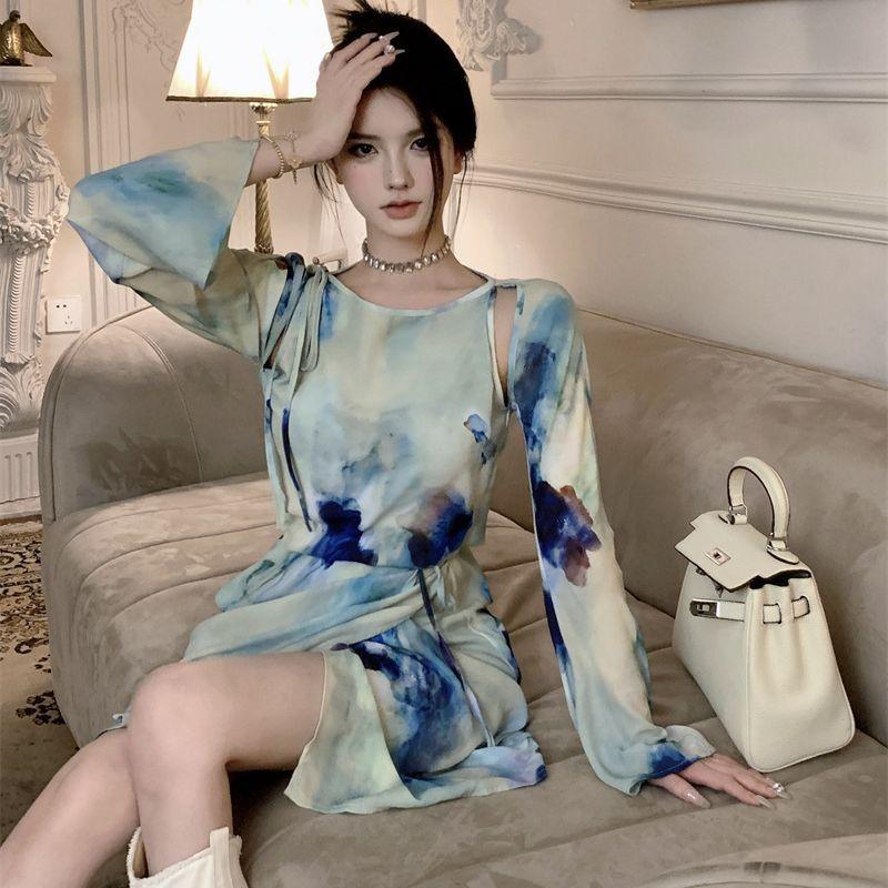 Mint Ice Ink Printing And Dyeing Printed Long Sleeve Dress - Nioor