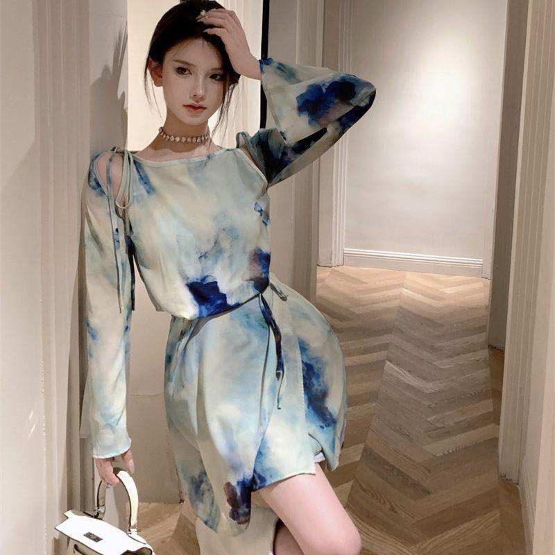 Mint Ice Ink Printing And Dyeing Printed Long Sleeve Dress - Nioor