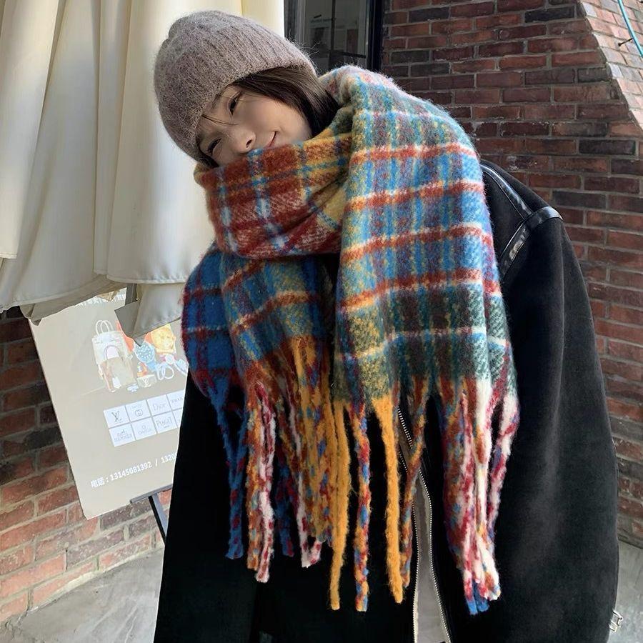 Mohair Rainbow Scarf Winter New Plaid Warm Shawl Outer Match - Nioor