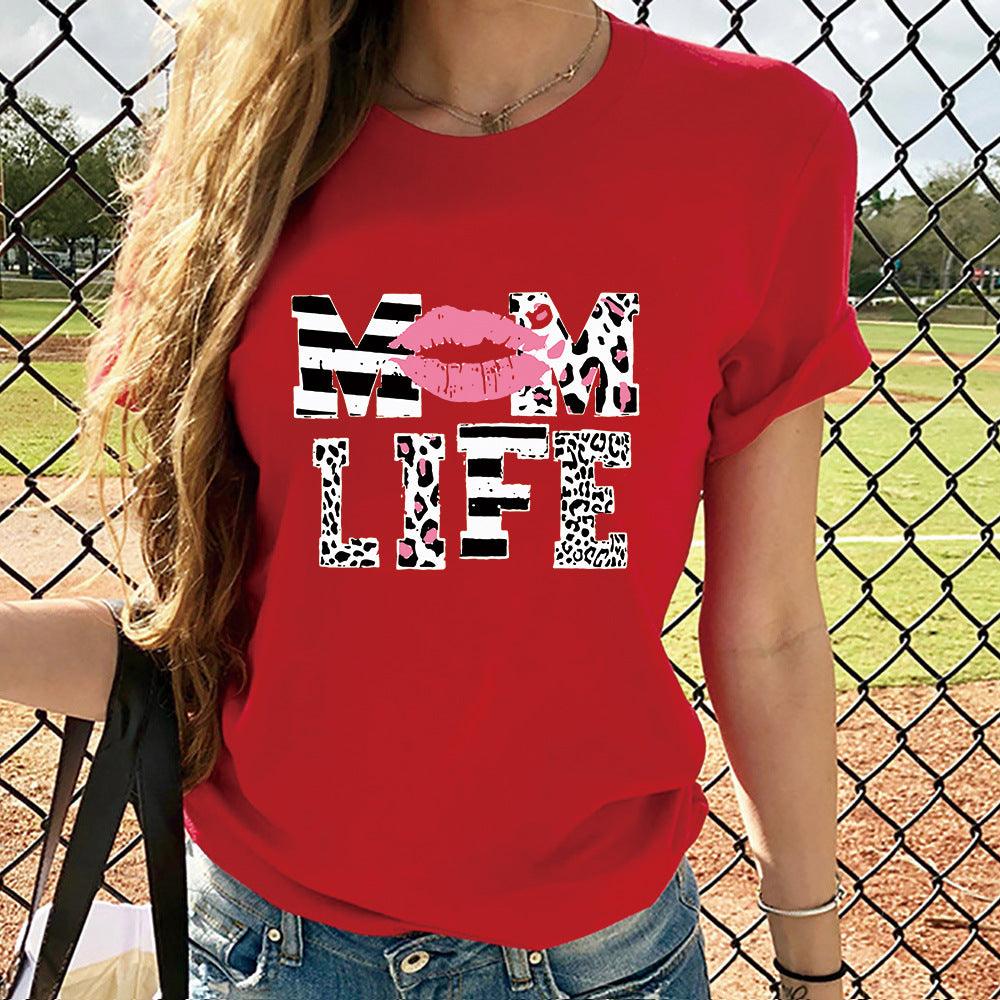 Mother's Day MOM LIFE Leopard Print Lip Printings Round Neck Short Sleeve T-shirt - Nioor