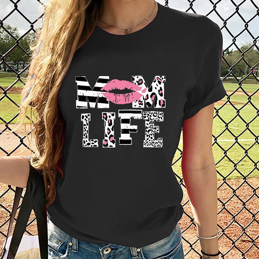 Mother's Day MOM LIFE Leopard Print Lip Printings Round Neck Short Sleeve T-shirt - Nioor