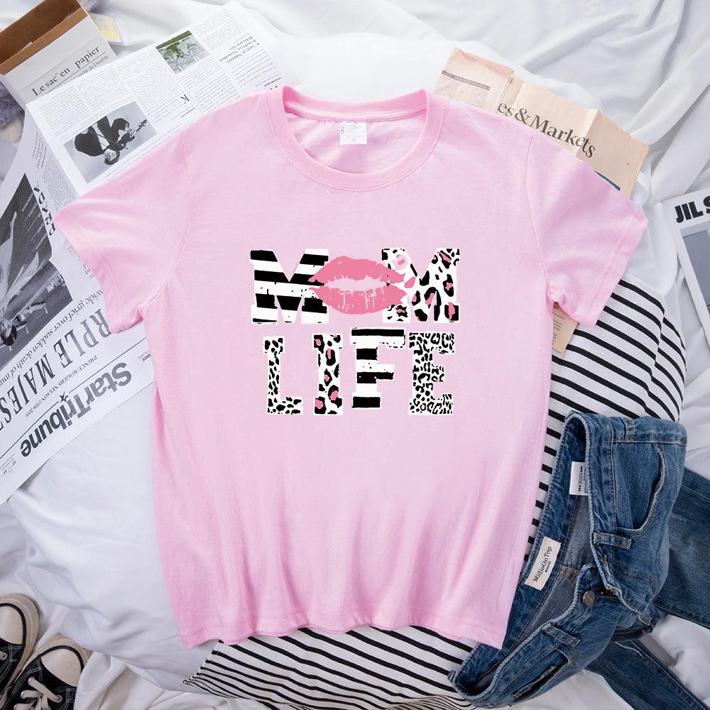 Mother's Day MOM LIFE Leopard Print Lip Printings Round Neck Short Sleeve T-shirt - Nioor