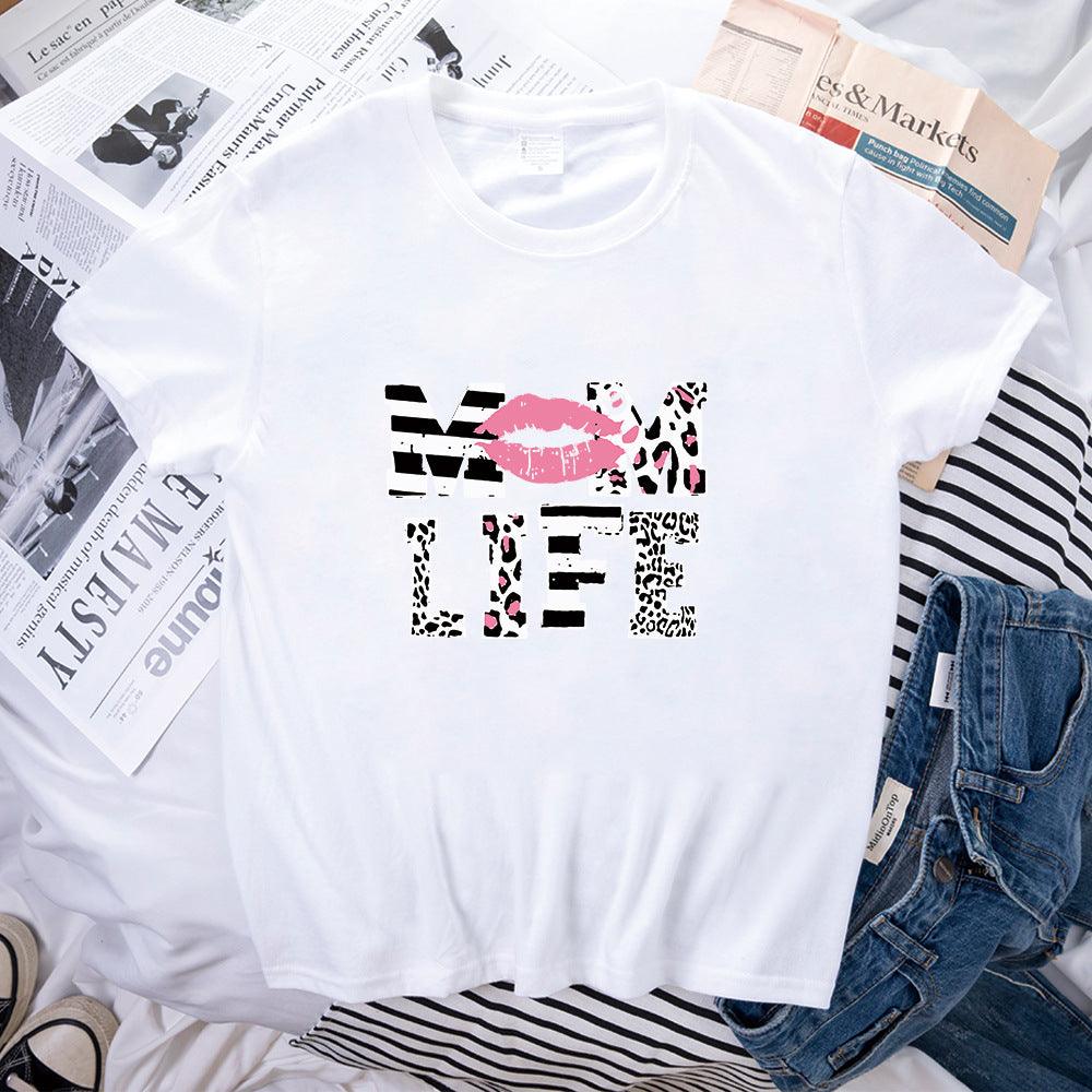 Mother's Day MOM LIFE Leopard Print Lip Printings Round Neck Short Sleeve T-shirt - Nioor