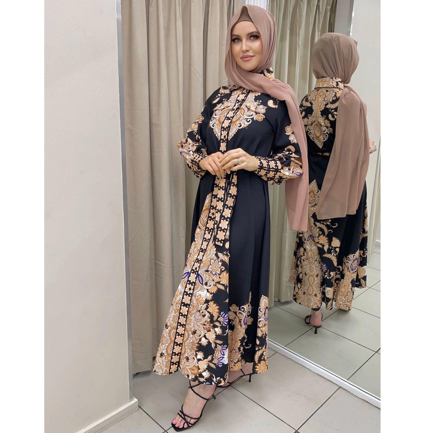 Muslim Women's Wear Arabic Print Swing Dress - Nioor