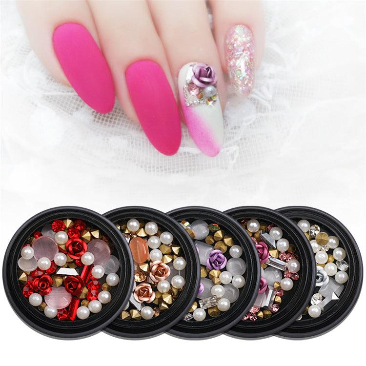 Nail Art Metal Flower Cat's Eye Jade Shaped Pointed Rhinestone Nail Art Pearl Jewelry - Nioor