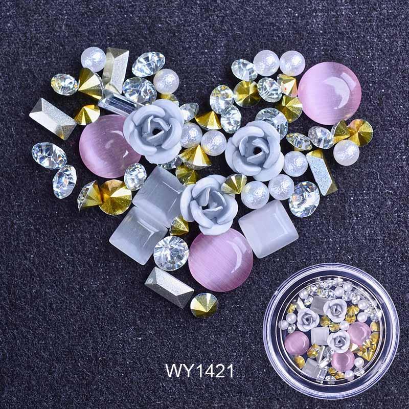 Nail Art Metal Flower Cat's Eye Jade Shaped Pointed Rhinestone Nail Art Pearl Jewelry - Nioor