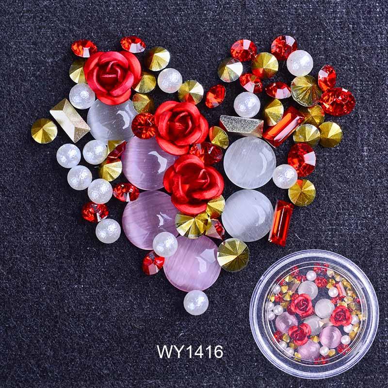 Nail Art Metal Flower Cat's Eye Jade Shaped Pointed Rhinestone Nail Art Pearl Jewelry - Nioor