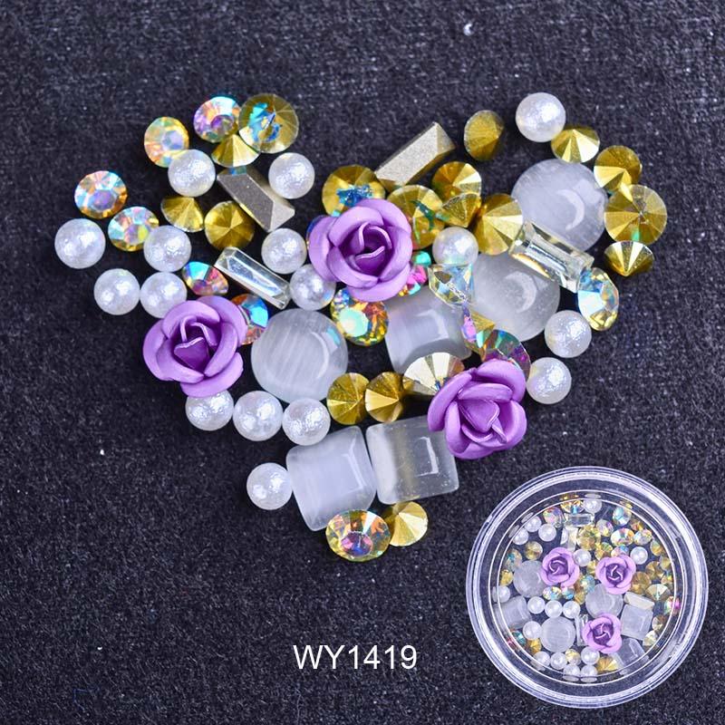 Nail Art Metal Flower Cat's Eye Jade Shaped Pointed Rhinestone Nail Art Pearl Jewelry - Nioor