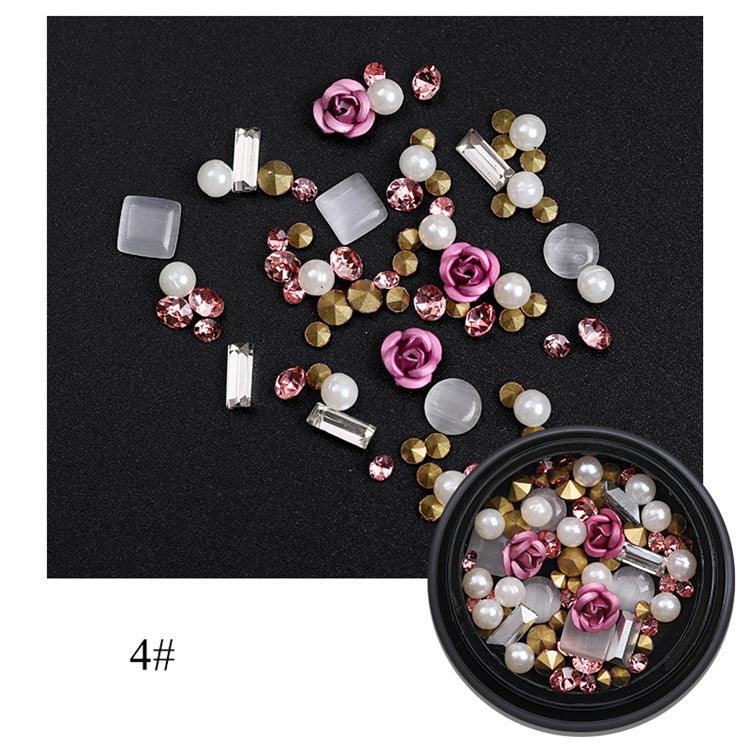 Nail Art Metal Flower Cat's Eye Jade Shaped Pointed Rhinestone Nail Art Pearl Jewelry - Nioor