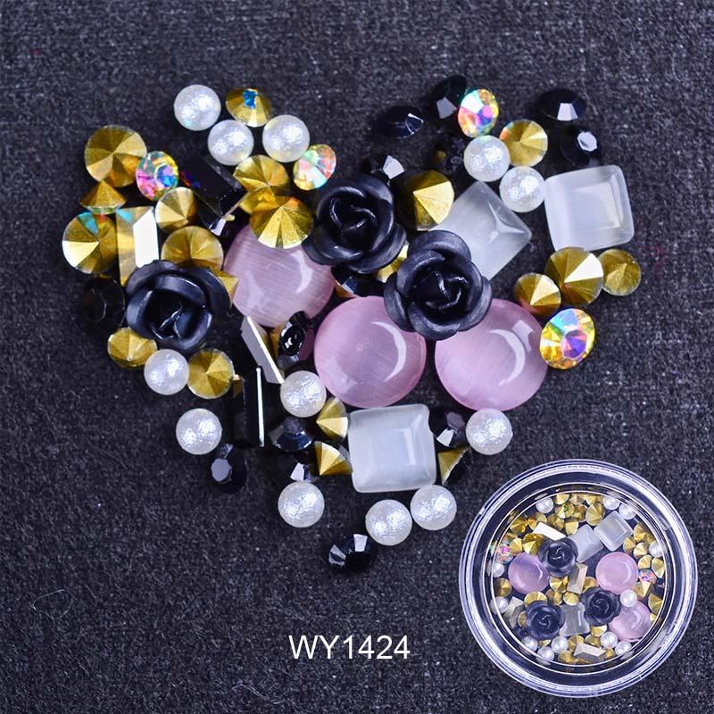 Nail Art Metal Flower Cat's Eye Jade Shaped Pointed Rhinestone Nail Art Pearl Jewelry - Nioor