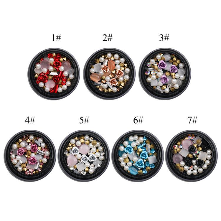 Nail Art Metal Flower Cat's Eye Jade Shaped Pointed Rhinestone Nail Art Pearl Jewelry - Nioor