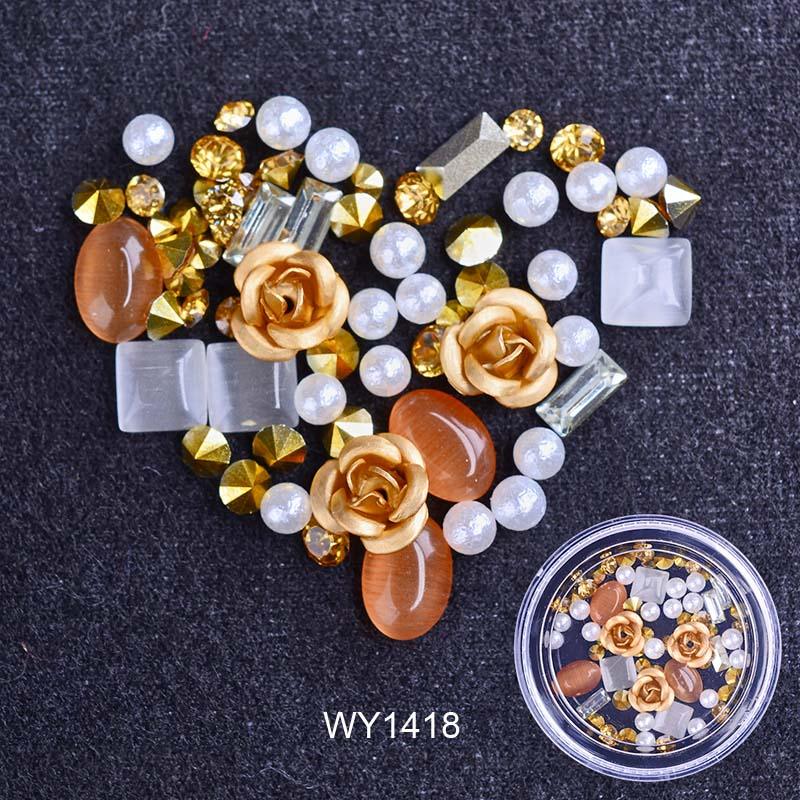 Nail Art Metal Flower Cat's Eye Jade Shaped Pointed Rhinestone Nail Art Pearl Jewelry - Nioor