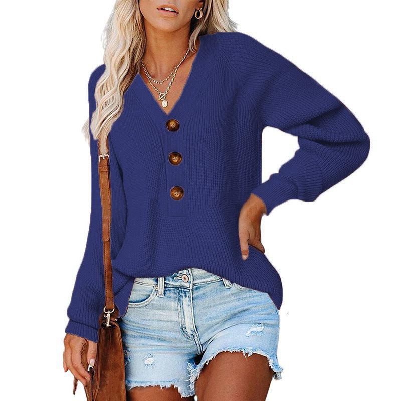 New Button New Knitted V-neck Sweater Women - Nioor