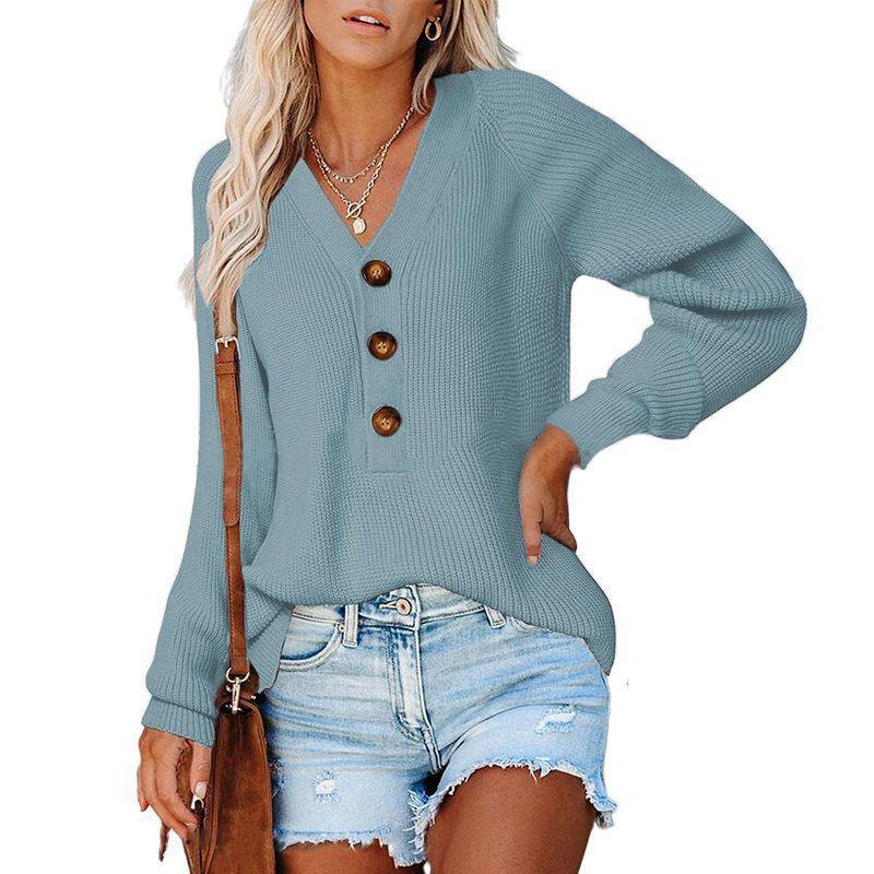 New Button New Knitted V-neck Sweater Women - Nioor