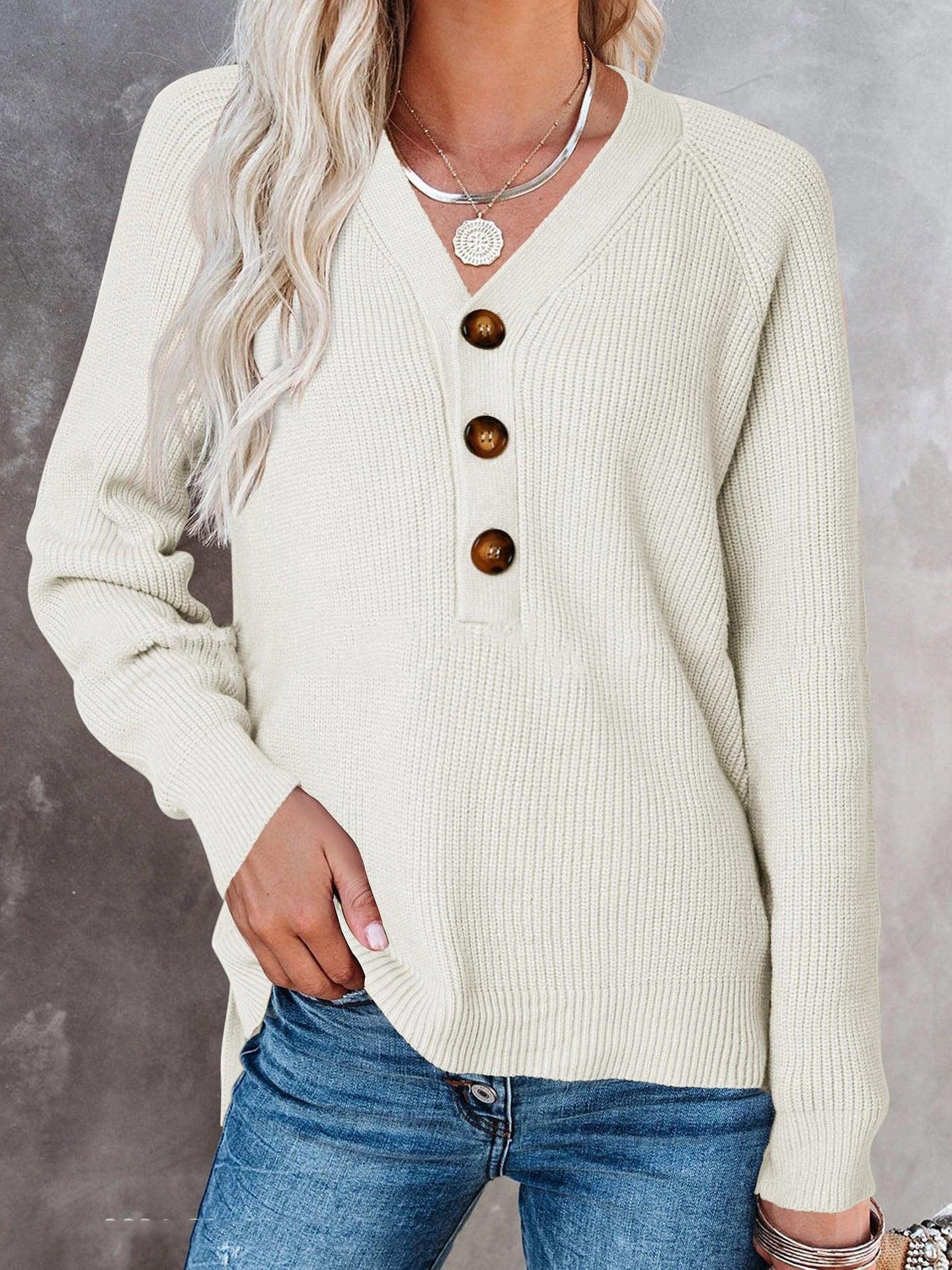 New Button New Knitted V-neck Sweater Women - Nioor