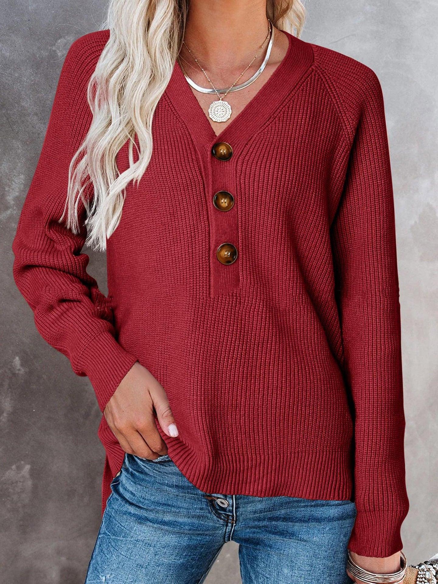 New Button New Knitted V-neck Sweater Women - Nioor