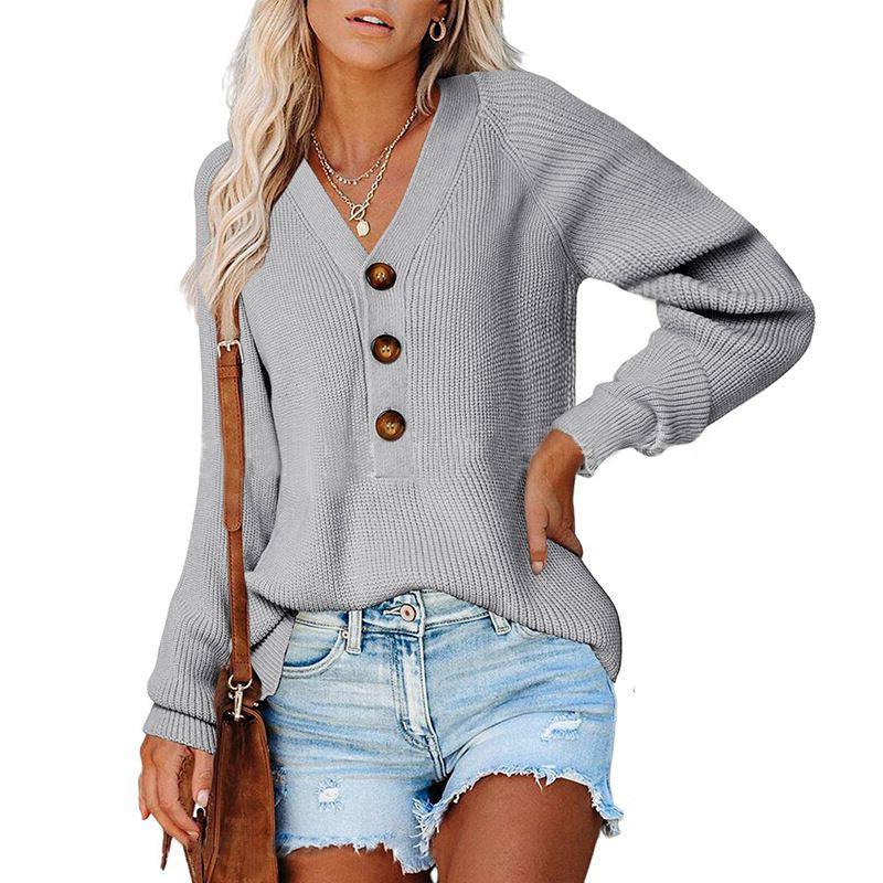 New Button New Knitted V-neck Sweater Women - Nioor