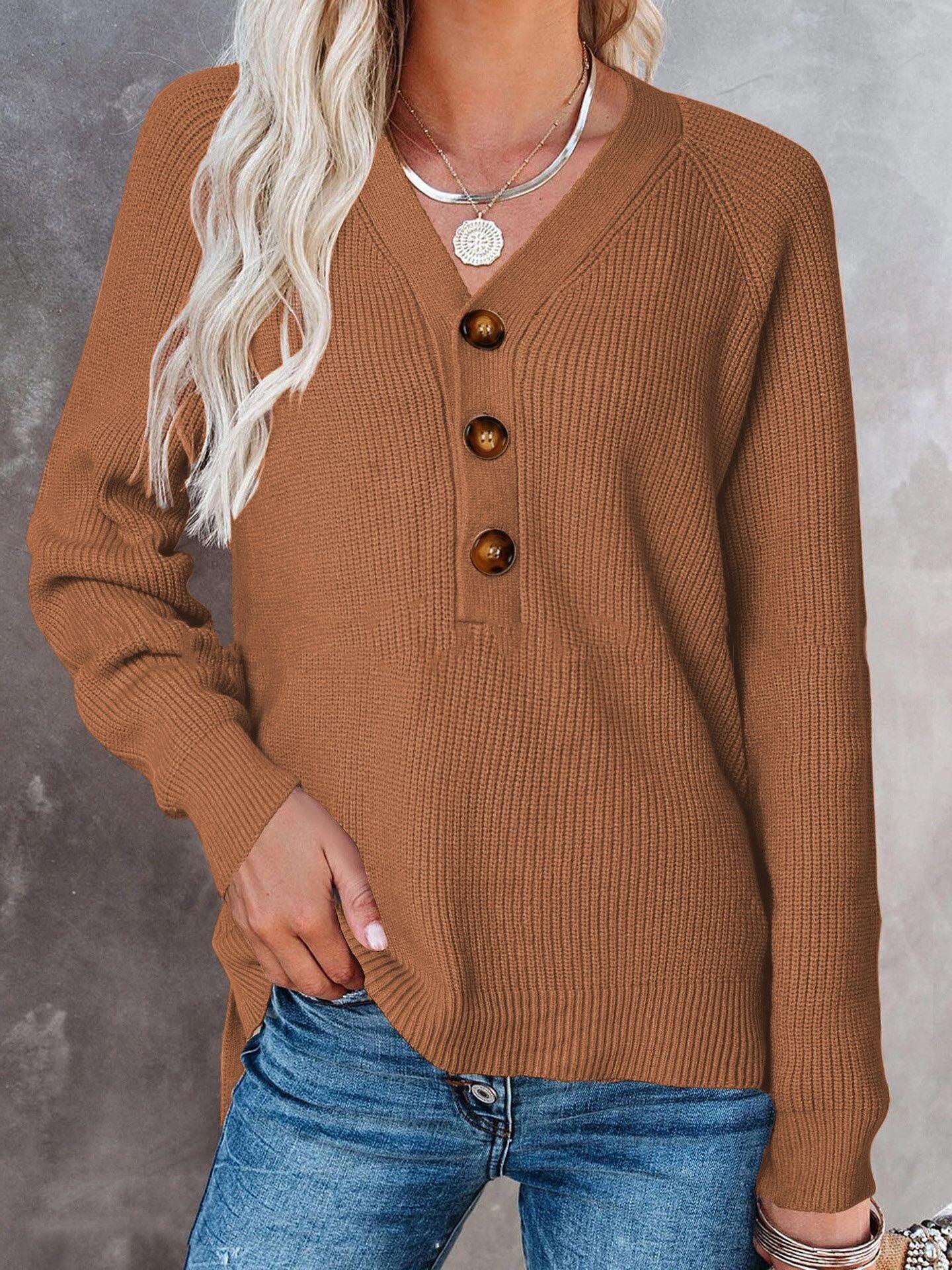 New Button New Knitted V-neck Sweater Women - Nioor