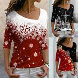 New Christmas Elements Printed Long-sleeved Diagonal Collar Pullover T-shirt For Women - Nioor