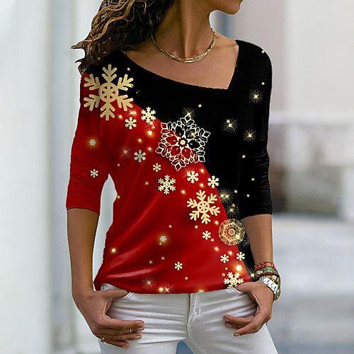 New Christmas Elements Printed Long-sleeved Diagonal Collar Pullover T-shirt For Women - Nioor