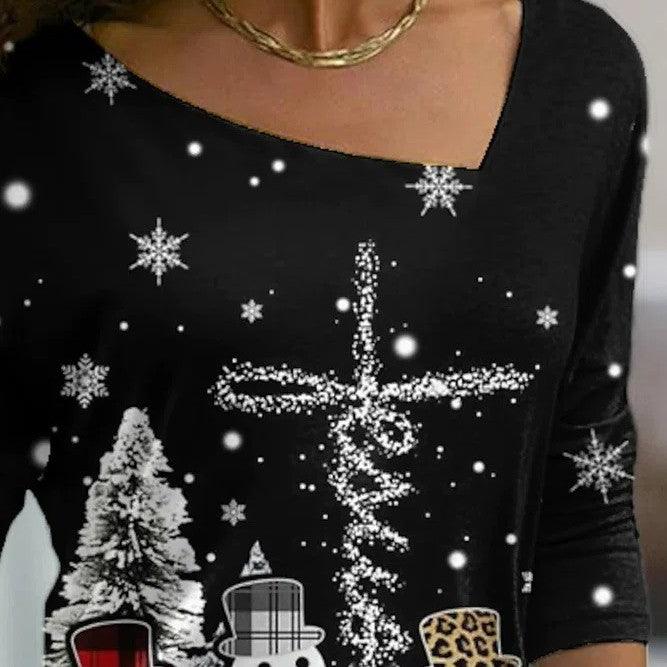 New Christmas Elements Printed Long-sleeved Diagonal Collar Pullover T-shirt For Women - Nioor