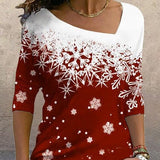 New Christmas Elements Printed Long-sleeved Diagonal Collar Pullover T-shirt For Women - Nioor