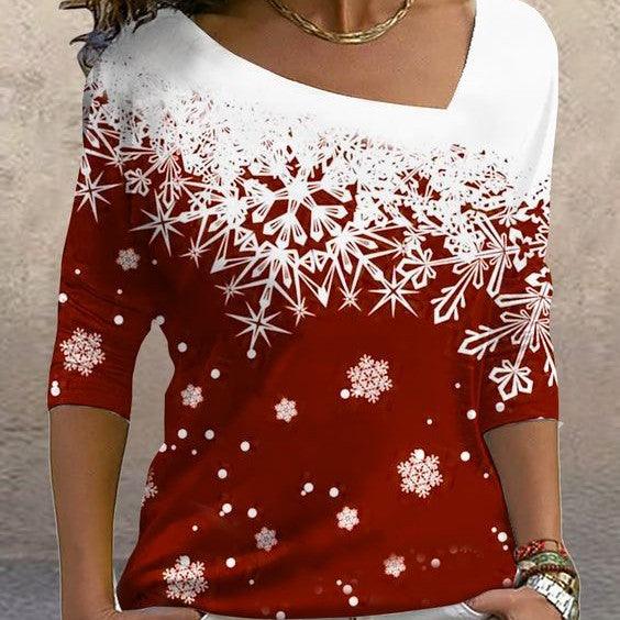 New Christmas Elements Printed Long-sleeved Diagonal Collar Pullover T-shirt For Women - Nioor