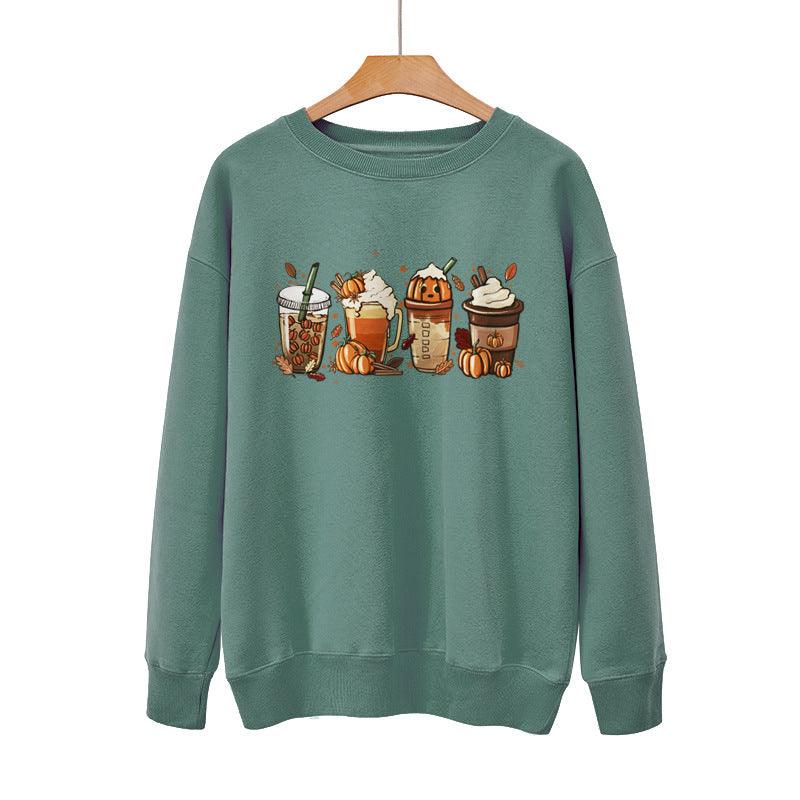 New Coffee Pumpkin Halloween Street Spring Autumn And Winter Round Neck Loose Casual Pullover - Nioor