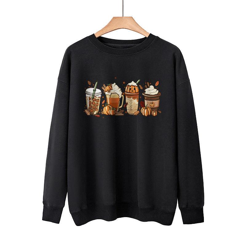 New Coffee Pumpkin Halloween Street Spring Autumn And Winter Round Neck Loose Casual Pullover - Nioor