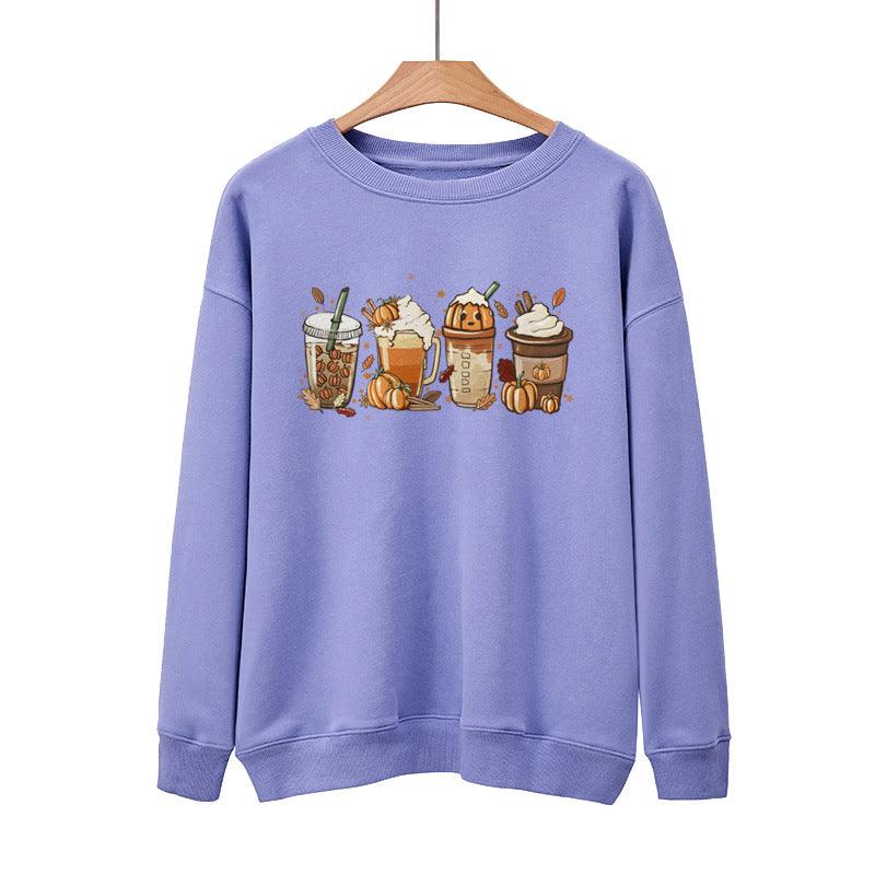 New Coffee Pumpkin Halloween Street Spring Autumn And Winter Round Neck Loose Casual Pullover - Nioor