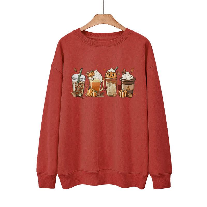 New Coffee Pumpkin Halloween Street Spring Autumn And Winter Round Neck Loose Casual Pullover - Nioor