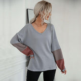 New Color Blocking Long Sleeve Waffle V-neck Pullover Knitted Top - Nioor