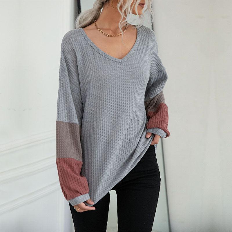 New Color Blocking Long Sleeve Waffle V-neck Pullover Knitted Top - Nioor