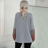 New Color Blocking Long Sleeve Waffle V-neck Pullover Knitted Top - Nioor