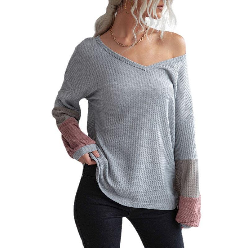 New Color Blocking Long Sleeve Waffle V-neck Pullover Knitted Top - Nioor