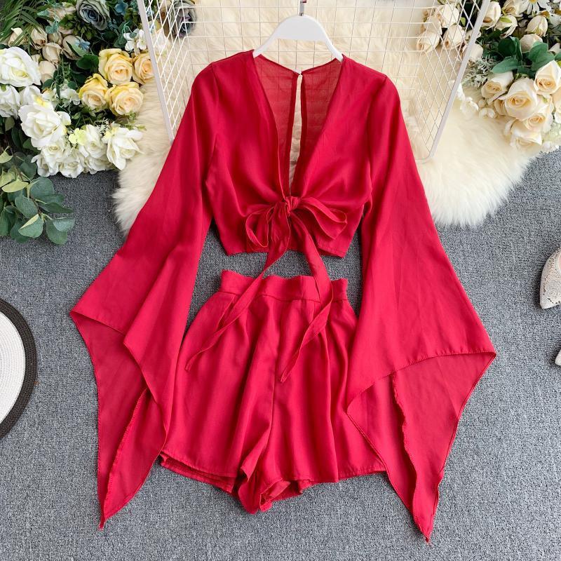 New Design Sense Bell Sleeve Chiffon Shirt High Waist Wide Leg Shorts Western Style Two-piece Suit - Nioor