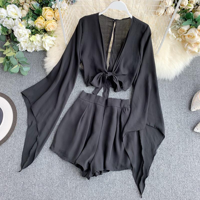 New Design Sense Bell Sleeve Chiffon Shirt High Waist Wide Leg Shorts Western Style Two-piece Suit - Nioor