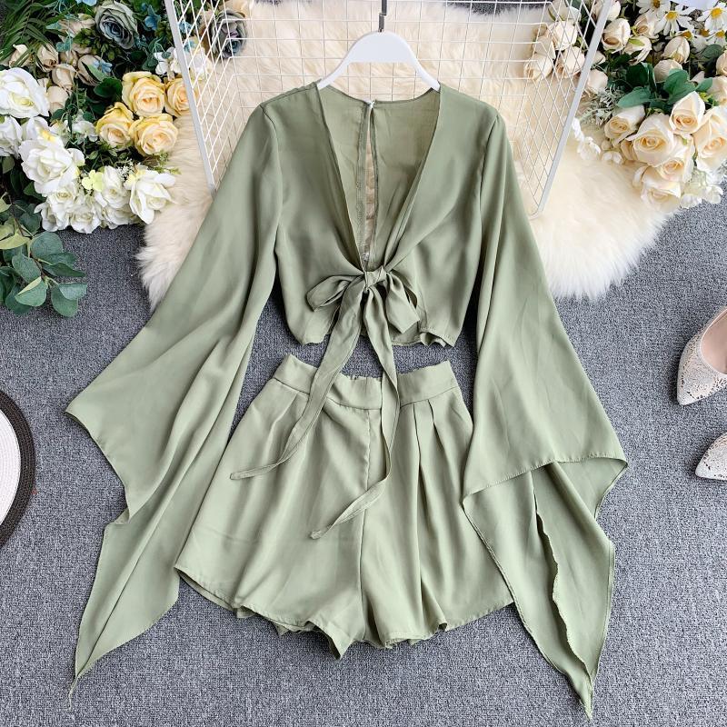 New Design Sense Bell Sleeve Chiffon Shirt High Waist Wide Leg Shorts Western Style Two-piece Suit - Nioor