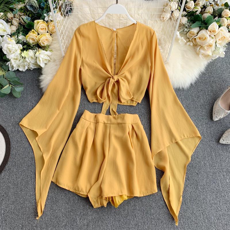 New Design Sense Bell Sleeve Chiffon Shirt High Waist Wide Leg Shorts Western Style Two-piece Suit - Nioor