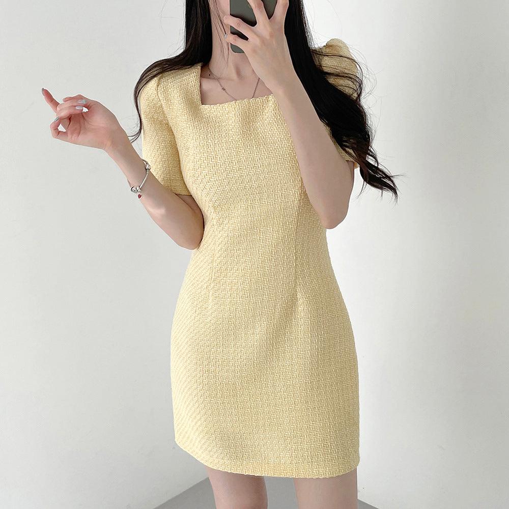 New Design Sense Niche Classic Style Square Collar Short Sleeve Waist Slimming Square Collar Dress Women - Nioor